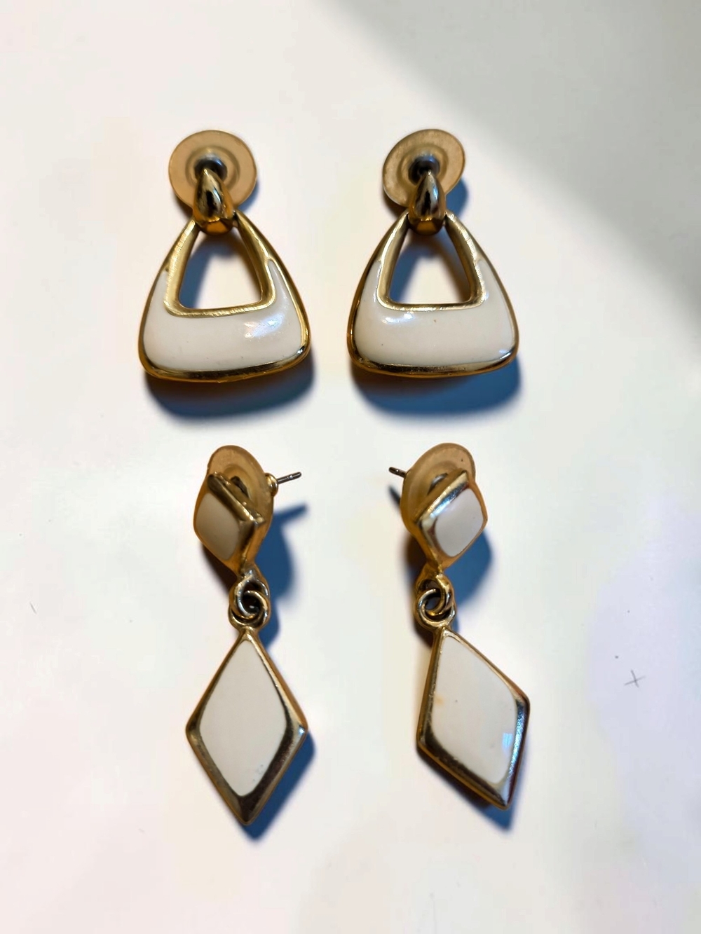 Vintage 2 Pair Gold Tone White Enamel Drop Earrings Set